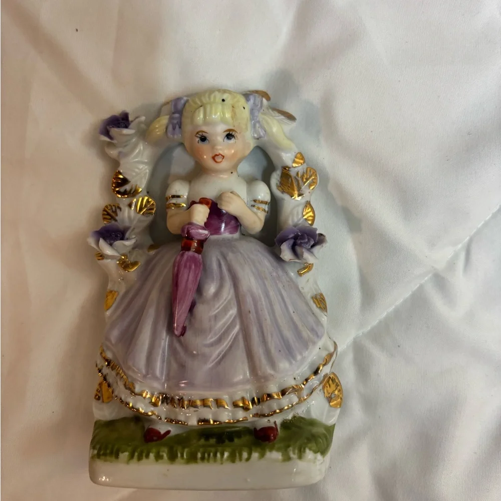 Vintage Girl Under Trellis Figurine Southern Belle Lavendar Dress Ceramic Decor